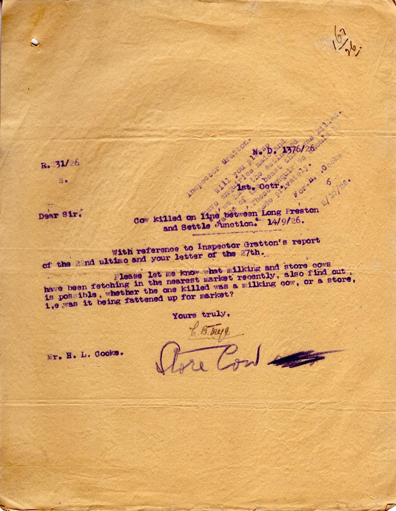 Cow Killed 7.jpg - Letter dated 26th Sept 1926 from Mr Cooke requesting recent price of cows - Regarding cow killed on line Sept 14th